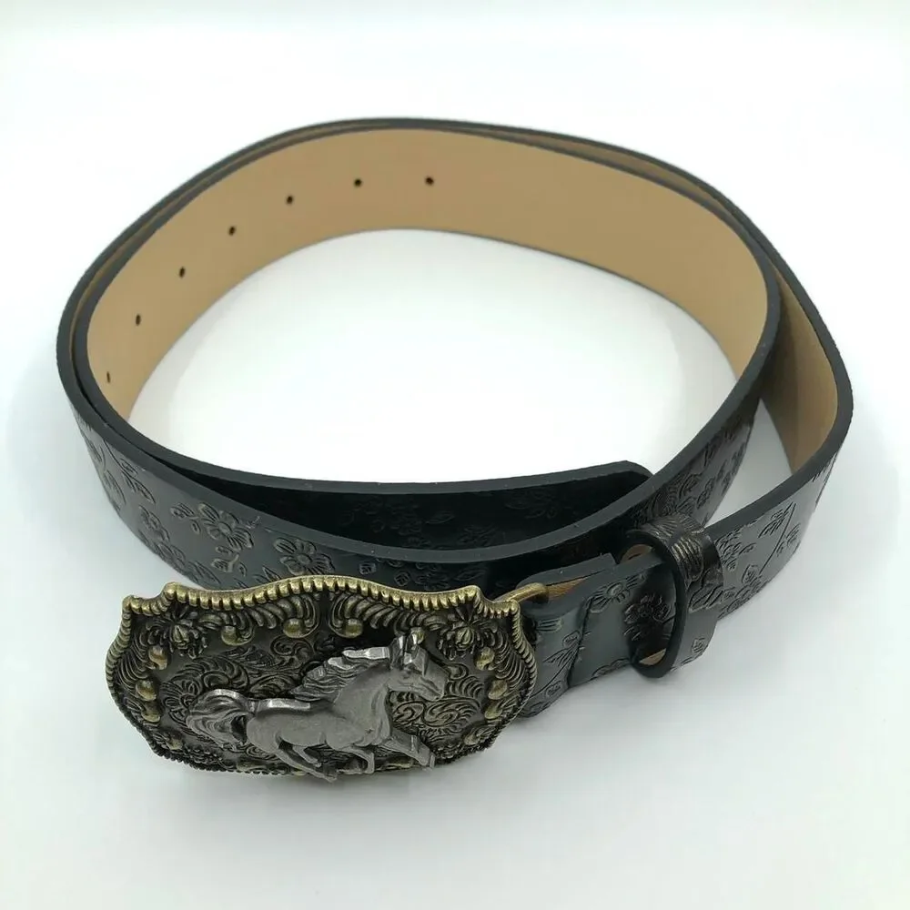Women's Black Faux Leather Western Belt w/ Horse Buckle, 36.5-45.5 in, X7G9A966